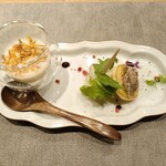 鉄板焼 美安 - 前菜盛り合わせ（ブリニとリエット、タコのマリネ、ビシソワーズ）