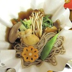 ますや旅館 - 夕食（合鴨団子と蕎麦の鍋）