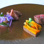 SUD restaurant - ランチコース 5082円 の2種のお肉料理 グルマンディーズを一皿に 特選牛ロースト 岡山県産本州鹿のロースト 南瓜と鹿肉のガトー添え 都産ブルーベリーのボルドレーズ