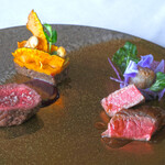 SUD restaurant - ランチコース 5082円 の2種のお肉料理 グルマンディーズを一皿に 特選牛ロースト 岡山県産本州鹿のロースト 南瓜と鹿肉のガトー添え 都産ブルーベリーのボルドレーズ