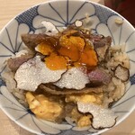 はらまさ - 上にヒレの卵とじ、ヒレカツ、トリュフ、卵の醤油漬けなどを載せて