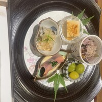三田ばさら 本店 - 前菜　いろいろなきのこの煮浸し
                    銀杏焼いたもの
                    いちじく　生ハム　ごまソース
                    さんま
                    ピーナッツ豆腐