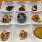 懐石料理 はし本 - はし本名物八寸:今回は左下イチジクの白和えに炒めたアーモンド載せ◎右の中アオリイカの米粉のフライ◎