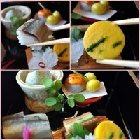 錦 - 萩餅・雲丹焼き小芋・翡翠銀杏・洋鮭博多押し・満月厚焼玉子・菊花大根・秋刀魚小袖寿司・波路上