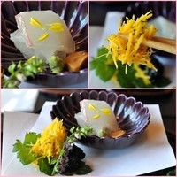錦 - 鯛へぎ造り（菊花花びら・南瓜けん・磯海苔・もろみにんにく）