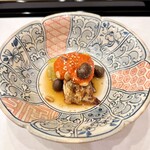 馬車道 大かわ - 秋刀魚  焼き茄子  むかご  赤万願寺のペーストが鮮やか✨