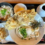 手打ちうどん ヤマエ - まいたけ天ぶっかけ、さんまの炊き込みご飯、チューリップ