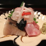 坂ぐち - お造り（あこう鯛、焼き鰆、鯛の昆布〆）