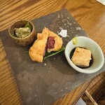 ヨルクル - おばんざい３種(ピーナッツ豆腐、紫芋の巾着揚げ、なすのなめろう)