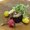 ポンドールイノ - 1皿目
                根室産秋刀魚の炭火焼き 梅風味のタップナードと共に。
