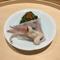 温石 - ジンドウイカ、空芯菜のお浸し