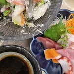 またあした - 梨とハムのサラダ　お刺身5点盛り