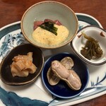 ふく鮨 - 先出し　山かけ　青唐辛子　茹で落花生　蓮根金平