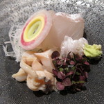 六雁 - お造り 真子鰈 煮蛤 (2013/08)