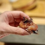 龍寿し - 大トロと黒舞茸の握り。ソテーした黒舞茸、細かく割いてカリカリに揚げ焼きした黒舞茸に本鮪大トロを合わせたこちらのスペシャリテ。茸と鮪のマリアージュがたまらない一貫です。
