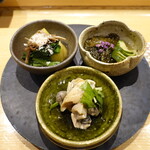 すし 中靜 - 焼き茄子、海蘊、つぶ貝（大きい！）