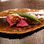 淡流 - 焼き物(オリーブ牛ランプ、おにおろし、栗、甘長唐辛子)