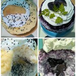 かき氷&デザート&カフェ ボンジョルネ - 黒ごまおさつ氷の中は黒ごまシロップ、りんごのコンポート入り。ナガノパープルヨーグルト氷は中にも果肉がゴロゴロです！