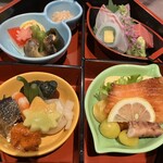 うお寿 - 煮物、お刺身、鮭の西京焼き、全て美味しかった。