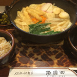 四國路 - 特製味噌煮込みうどんにはナメタケごはんがつきます。