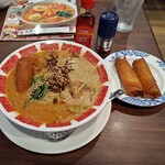 バーミヤン - 料理写真:濃厚！極み担々麻辣湯989円税込と海老春巻（クーポンで199円税抜