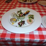 OSTERIA NAKANO - 前菜盛り合わせ　鹿ロースト　牛肉の卵寄せ　鶏肉　穴子　鮎の燻製枝豆のマッシュ　海老のソーセージ　アワビ