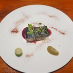 Chisou Nishi Kenichi - Grilled Mackerel with Hickory Smoke, served with Beet and Grilled Eggplant Purée, and Finger Lime