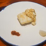 Chisou Nishi Kenichi - Live Swordfish in the Fish Tank, served with Onion Tartare Sauce, Bottarga, and Pearl Onions