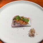 Chisou Nishi Kenichi - Fresh Horse Mackerel with Scallion Oil, Red Onion, Pickled Plum, and Myoga Ginger