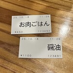 めん 呼白 - ✅醤油らぁ麺¥1.100
      ✅お肉ご飯¥450
      　※キャッシュオンリー