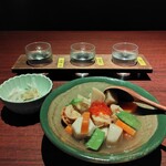 新潟地場もん越たんたん - のっぺ、佐渡酒三種呑み比べ、お通し