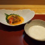 花しま - 車海老漬け刺身の卵黄巻をとろろ芋で