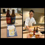 鮨 今尽 - 実は…1番最初に大将にワガママ言って、秋の大人遠足で用意した私お手製栞＆クラフトビール【シャチホコ】2種で3人でｶﾝﾊﾟ━(*´ω｀)o∪∪o(´ω｀*)━ｲ✨