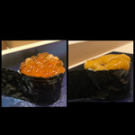 鮨 今尽 - いくら2色軍艦✨
      白いクラ入で食感の違いが楽しめます✨
      
      北海道 雲丹軍艦✨