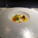 エクアトゥール - ［３回目］白烏賊とフランス産ムール、自家製イクラと雲丹のナージュ、セロリのブラマンジェとそのソース