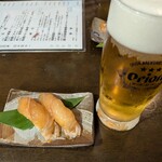 旬菜処 びいどろ - お通しのお寿司とオリオンビール