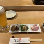 米清あら川 - 付き出し　山芋とイカの煮付け、ツブ貝、鴨肉