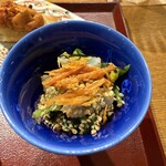 おかもと - アオリイカ、つる菜の花もずく和え。