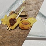 銀座 らん月 - 秋刀魚有馬焼き、焼き栗、長茄子　蟹挟み揚げ、栗麩田楽、紅葉丸十