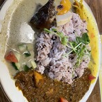 スパイスカレーまるせ - 2種あいがけ盛り（グリーン＆ポークキーマ）