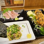 永楽食堂 - ヒラメ昆布締め、アジなめろう、イワシポテトフライ