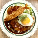 キッチン あずま - ・ハンバーグプレート（カニコロ、エビフライ、目玉焼き）ライス、みそ汁付