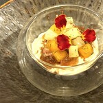 323517921 - 【小さい前菜】蕪のブラン・マンジェ。柿と梨の甘さが蕪を惹き立てます。