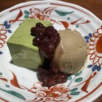 自家製抹茶ババロア ほうじ茶アイス添え