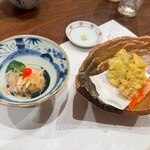 松葉温泉 滝の湯 - 秋刀魚の天ぷら、蓮根の挟みあげ、鱧の南蛮漬け