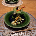 野乃庵 - 旬野菜の野々庵コース(￥6,600)　今朝どれの人参とかき揚げ、海老と里芋ときくらげブロッコリーのソース