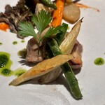 野乃庵 - 旬野菜の野々庵コース(￥6,600)　野菜の実力のお野菜ステーキプレート　マコモダケ、地鶏とわさびを添えて