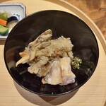温石 - オオモミタケと舞茸の炊き込みご飯   ハタ    しその実の塩麹漬け