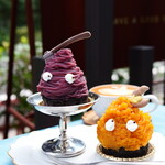 ペチカスケマサコーヒー - かぼちゃモンブラン（790円） 紫いもモンブラン（790円） フラットホワイト（800円） スイーツセット割（－100円）