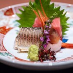 懐食みちば - 2025.10 お造り（本鮪中とろ、鳥取産甘海老、大分産カマス）